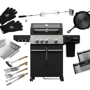 Billig FEUERGOTT Gas-Grillstation Hektor 3B-S BBQ Set mit Abdeckhaube, Drehspieß, Grillzubehör, 2 Brenner, Infrarotbrenner, Seitenkocher