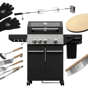 FEUERGOTT Gas-Grillstation Hektor 3B-S Pizza Set mit Abdeckhaube, Drehspieß, Pizzastein, Grillutensilien, Pizzaschneider, Infrarotbrenner, Seitenkocher Echt