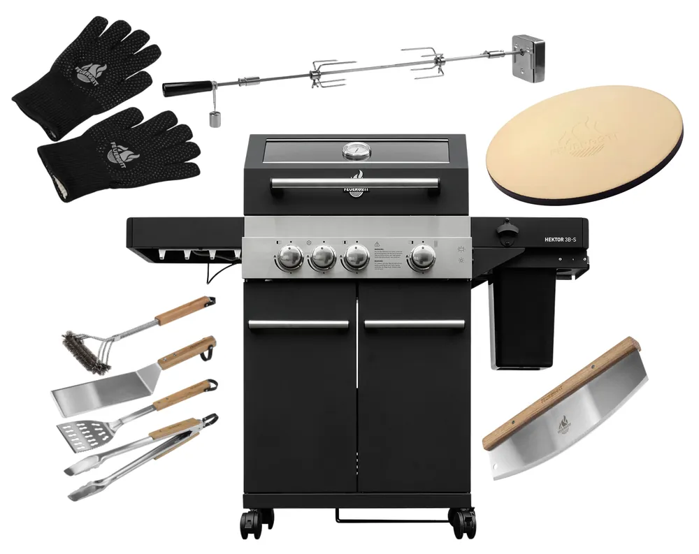 FEUERGOTT Gas-Grillstation Hektor 3B-S Pizza Set mit Abdeckhaube, Drehspieß, Pizzastein, Grillutensilien, Pizzaschneider, Infrarotbrenner, Seitenkocher Echt