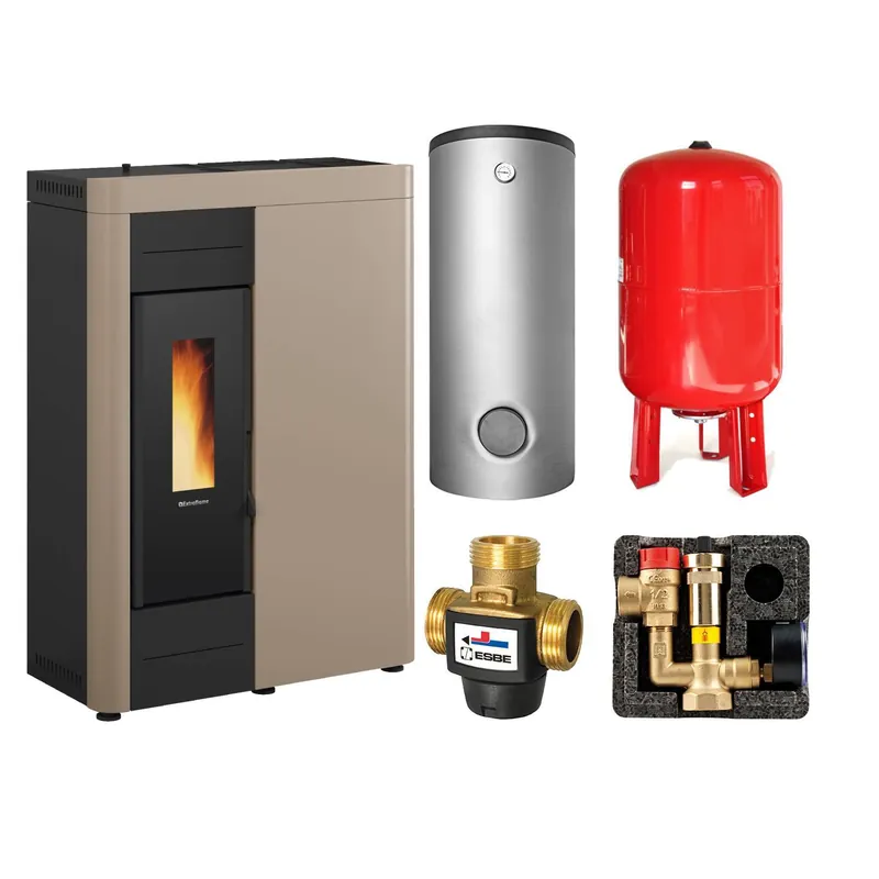 Extraflame VIRNA IDRO.16 wasserführender Pelletofen Stahl TOMA taupe - TPSR 600 Hochleistungs-Pufferspeicher montiert silber 1x WT - Heizungsausdehnungsgefäß 80 L Neuheit