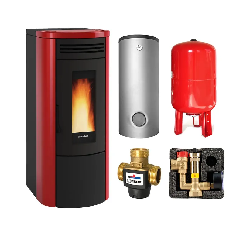 Wochenendangebot Extraflame COSTANZA IDRO 5.0 wasserführender Pelletofen bordeaux - TPSR 600 Hochleistungs-Pufferspeicher montiert silber 1x WT -Heizungsausdehnungsgefäß 80 L