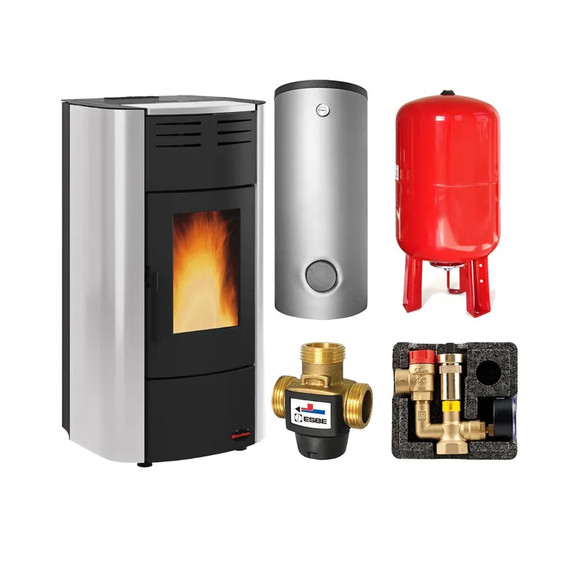 Extraflame RAFFAELLA IDRO H15 5.0.16 wasserführender Pelletofen Stahl GRLC grau - TPSM 600 Hochleistungs-Pufferspeicher montiert silber -Heizungsausdehnungsgefäß 80 L Nur Für Kurze Zeit