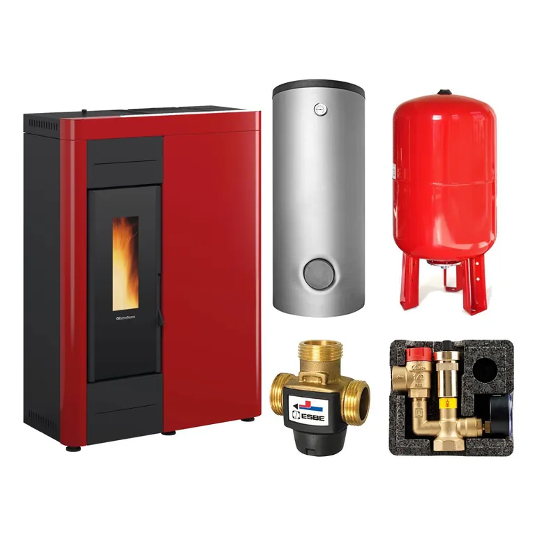 Extraflame VIRNA IDRO.16 wasserführender Pelletofen Stahl Bordeaux - TPSM 600 Hochleistungs-Pufferspeicher montiert silber - Heizungsausdehnungsgefäß 80 L Neu Im Sortiment