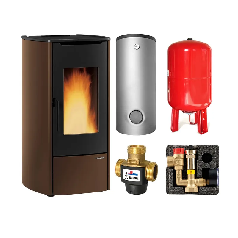 Saisonangebot Extraflame Marina Idro 16. H11 wasserführender Pelletofen Stahl Bronze - TPSM 600 Hochleistungs-Pufferspeicher montiert silber -Heizungsausdehnungsgefäß 80 L