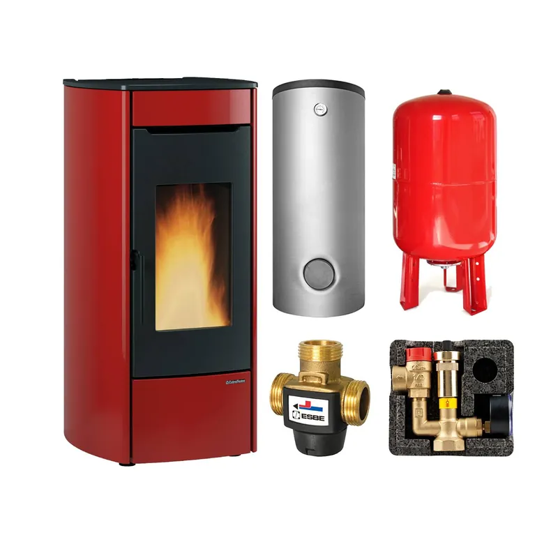 Extraflame Marina Idro 16 H13 wasserführender Pelletofen Stahl Bordeaux - SHS 550 Hygiene-Schichtenkombispeicher montiert silber, 1xWT - Heizungsausdehnungsgefäß 80 L Neu Im Sortiment