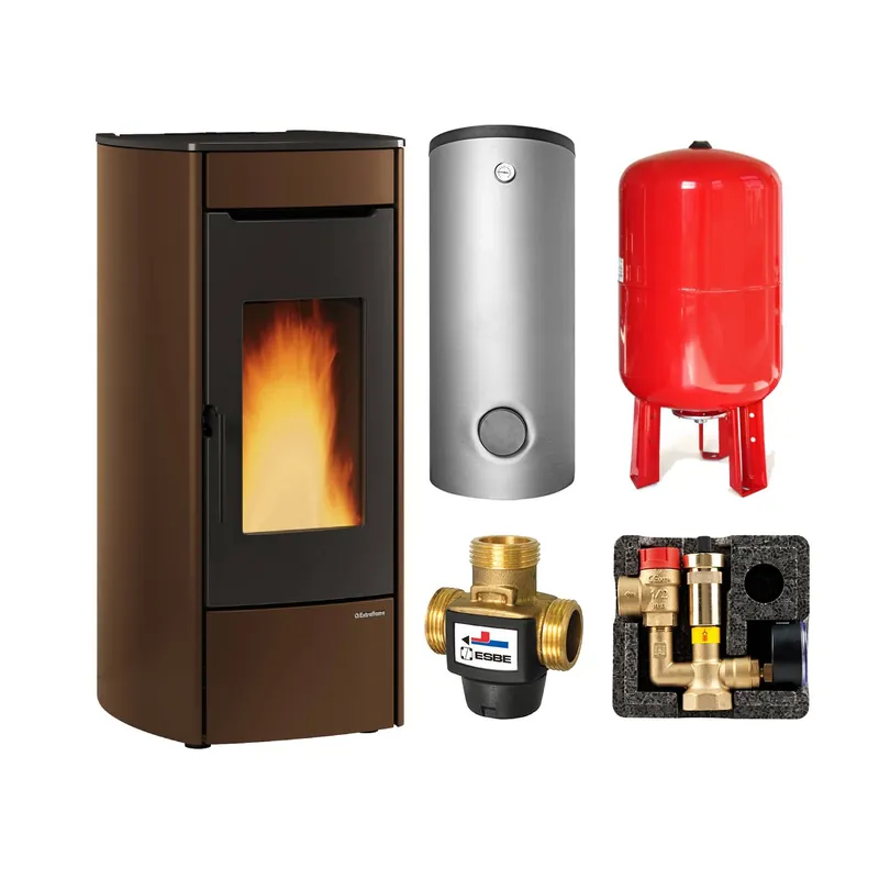 Saisonangebot Extraflame Marina Idro 16 H13 wasserführender Pelletofen Stahl Bronze - TPSM 600 Hochleistungs-Pufferspeicher montiert silber -Heizungsausdehnungsgefäß 80 L