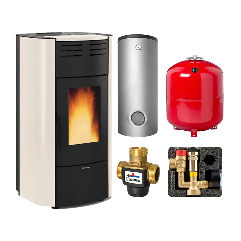 Must-Have Extraflame Raffaella Idro H18 5.0.16 Wasserführender Pelletofen Stahl AVOR elfenbein - TPSM 825 Hochleistungs-Pufferspeicher montiert silber - Heizungsausdehnungsgefäß 100 L