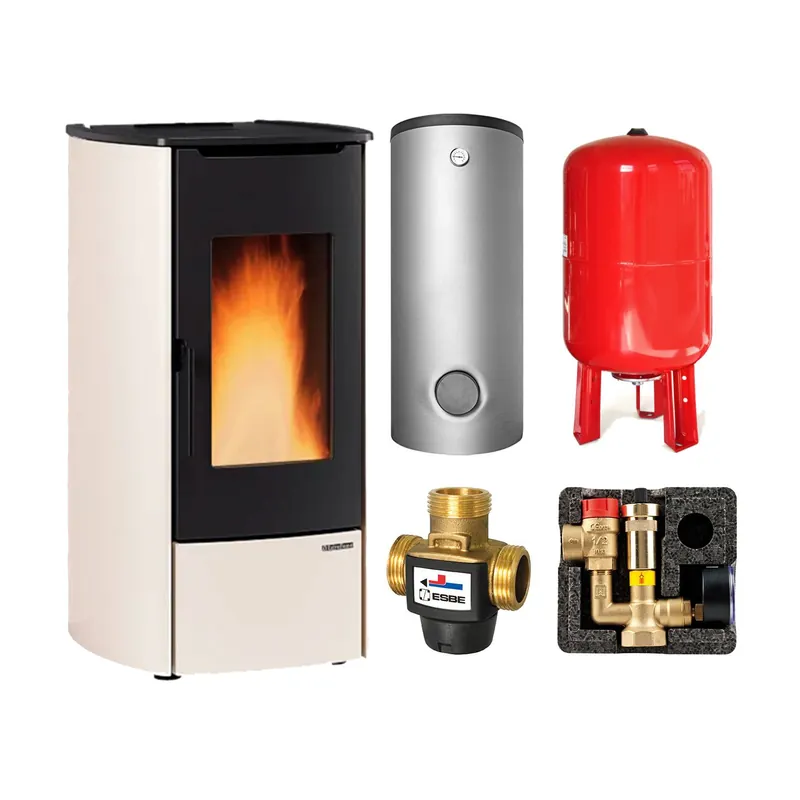 Extraflame Marina Idro 16. H11 wasserführender Pelletofen Stahl Elfenbein - THKE/F 600 Kombi-Speicher montiert silber -Heizungsausdehnungsgefäß 80 L Letzte Chance