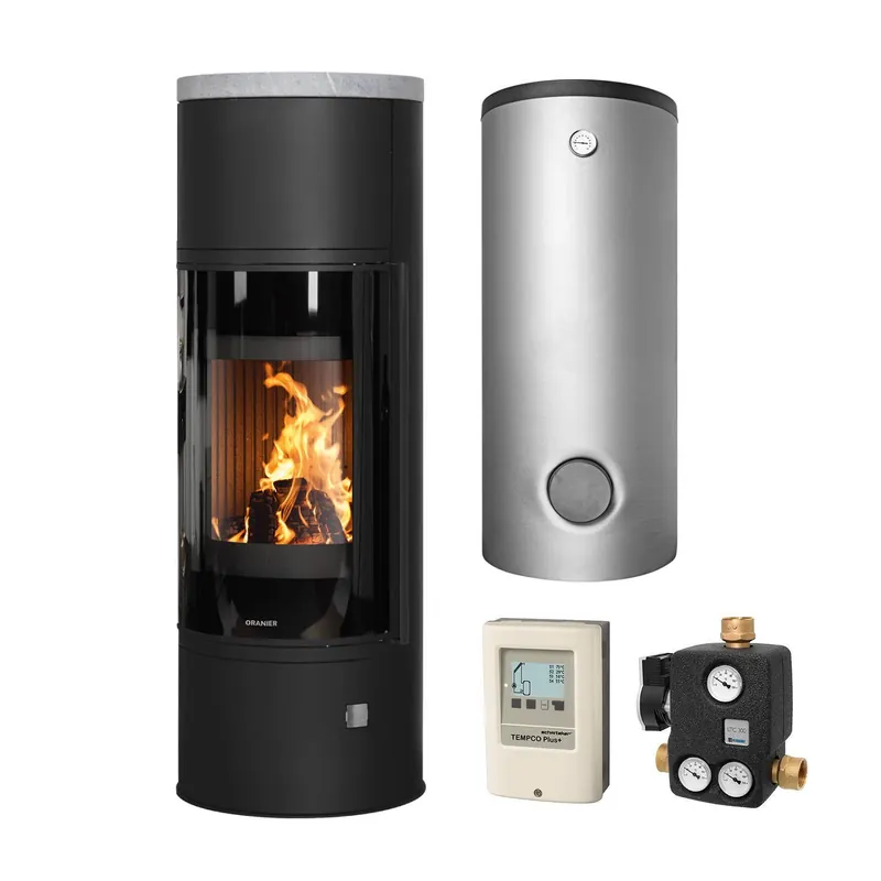 Angebot Oranier Arena Aqua 2.0 Stahl Schwarz, Abdeckplatte Speckstein Set + Kombispeicher THKE/F 600