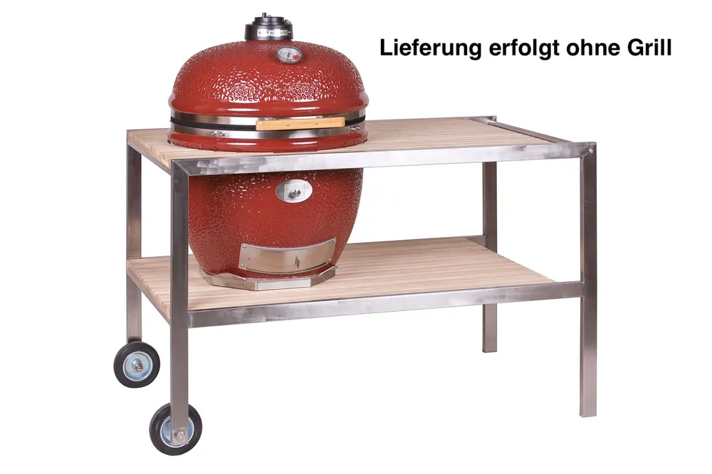 Monolith Tisch aus Edelstahl & Teak .66 (LeCHEF) fahrbar inklusive Rollen 201003-L Sonderangebot