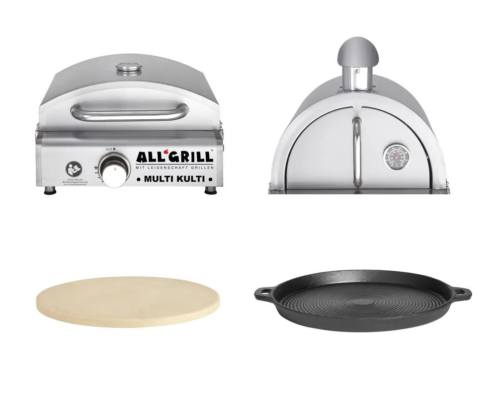 Ausverkauf Allgrill MULTI-KULTI Set 4 zündgesichert - Gasgrill + Pizzahaube + Pizzastein + Gusspfanne