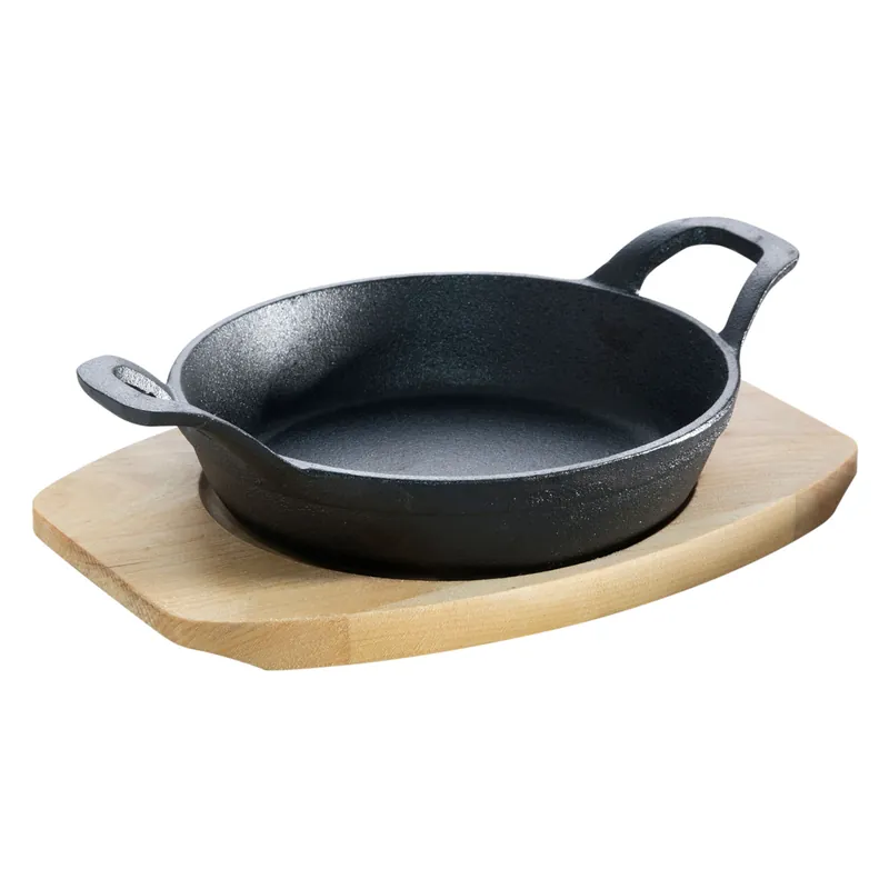 Gusseisenkuss® Gusseisenpfanne mit Griffen und Holzuntersetzer Ø 15 cm Gusspfanne Gusseisen Meistverkauft
