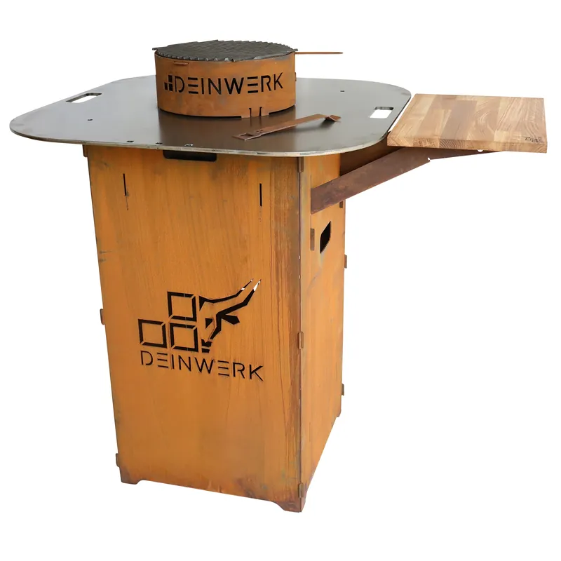 Top-Preis DEINWERK Steckfass Steckbares Grillfass aus Corten mit Feuerplatte, Wokaufsatz und Anstecktisch