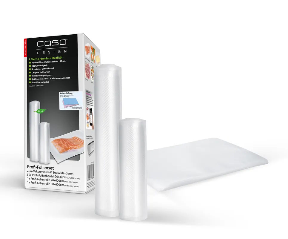 Caso Design Profi-Folienset, 50 Folienbeutel, 2 Folienrollen für Vakuumiersysteme und Sous Vide Highlight