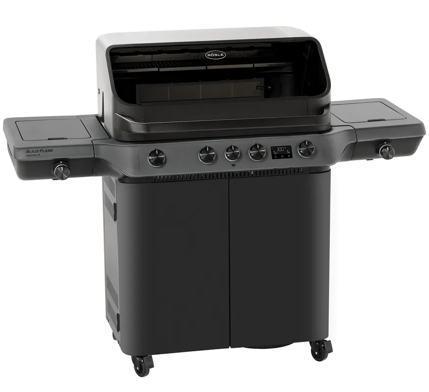 Rösle Gasgrill BLAZEFLAME Master 4 Schwarz mit PRIMEZONE, Backburner und Seitenbrenner 250601 Heißes Angebot