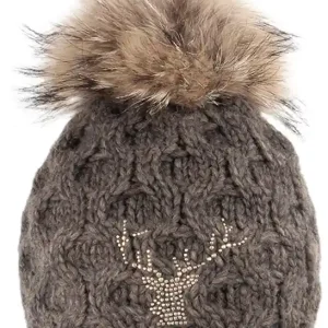 Lodenhut Strickmütze mit Echtfellbommel, Braun Mel. Billig