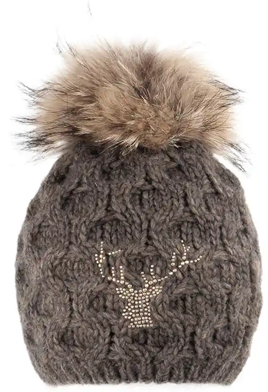 Lodenhut Strickmütze mit Echtfellbommel, Braun Mel. Billig