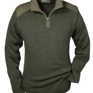 Aktuell Hubertus Pullover Stehkragen m. Besatz, Oliv-Braun