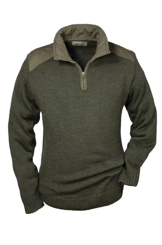Aktuell Hubertus Pullover Stehkragen m. Besatz, Oliv-Braun